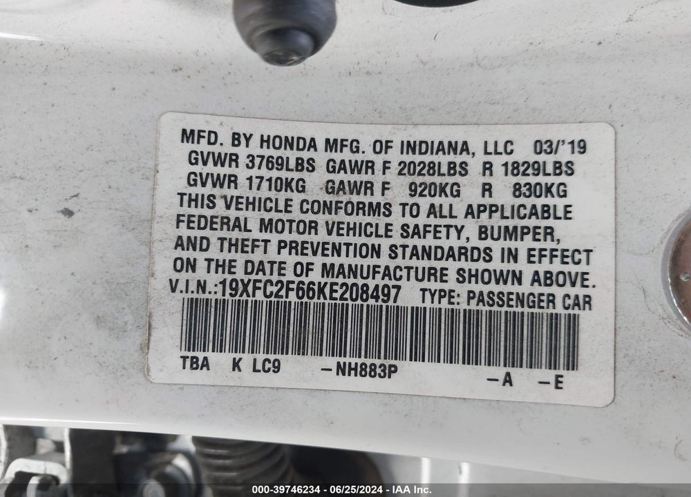 2019 HONDA CIVIC LX VIN: 19XFC2F66KE208497