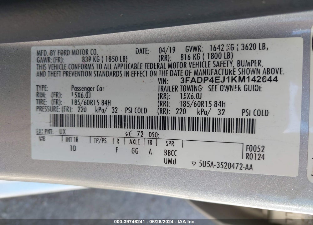 2019 FORD FIESTA SE VIN: 3FADP4EJ1KM142644