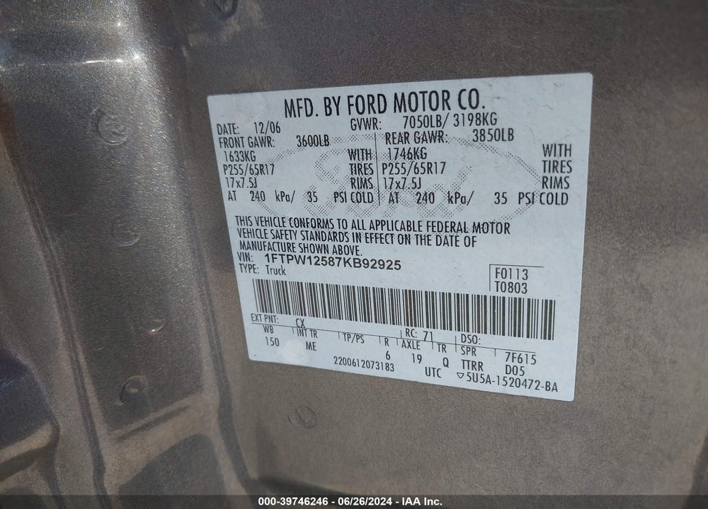 2007 FORD F-150 LARIAT/XLT VIN: 1FTPW12587KB92925