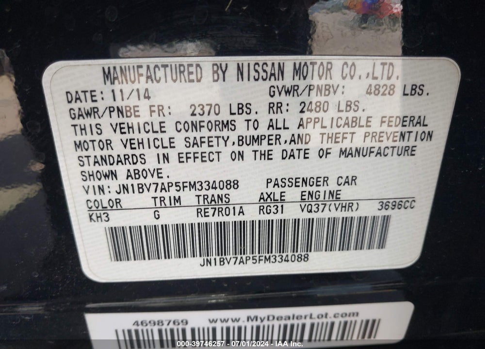 2015 INFINITI Q50 SPORT VIN: JN1BV7AP5FM334088