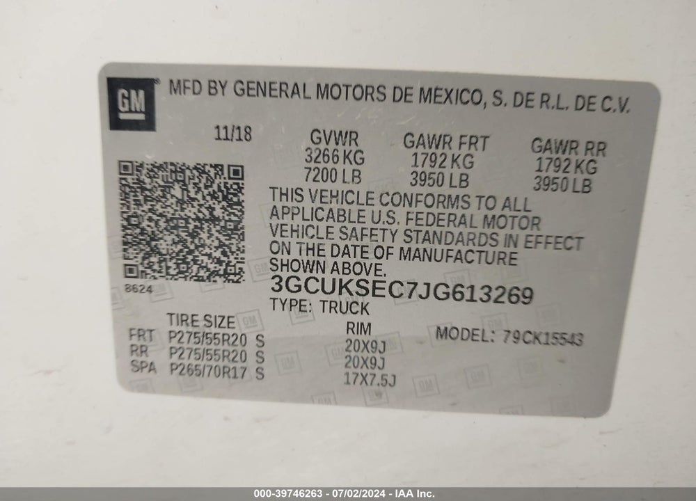 2018 CHEVROLET SILVERADO 1500 1LZ VIN: 3GCUKSEC7JG613269