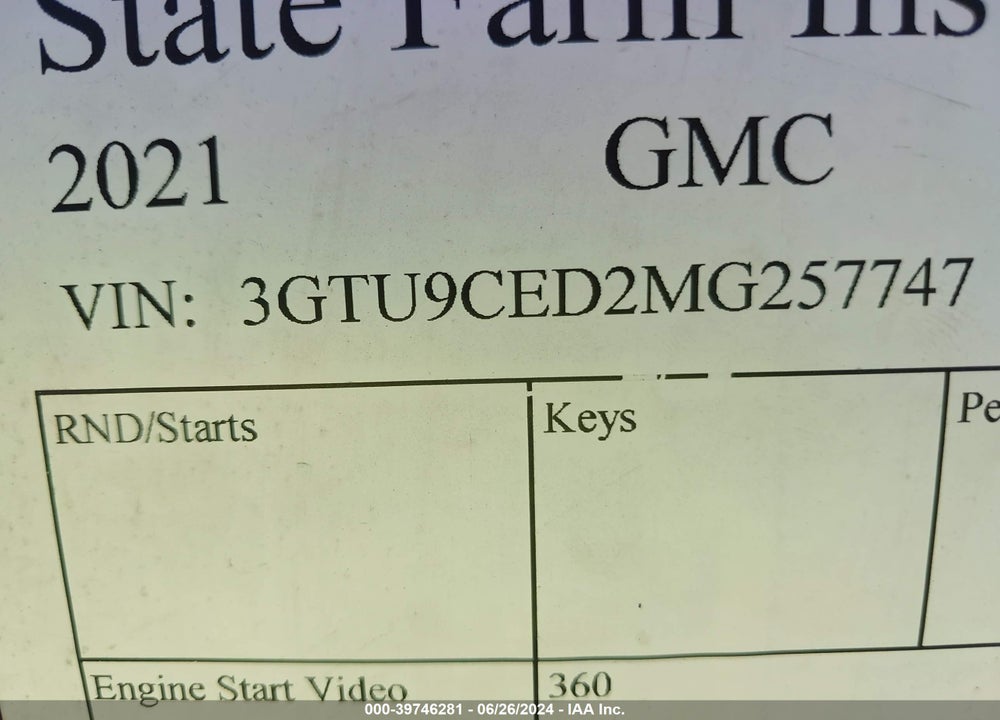 2021 GMC SIERRA 1500 4WD SHORT BOX ELEVATION VIN: 3GTU9CED2MG257747