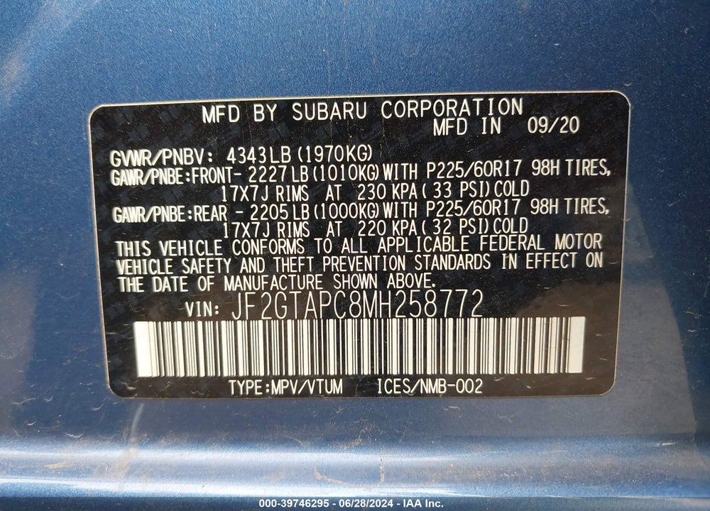 2021 SUBARU CROSSTREK PREMIUM VIN: JF2GTAPC8MH258772