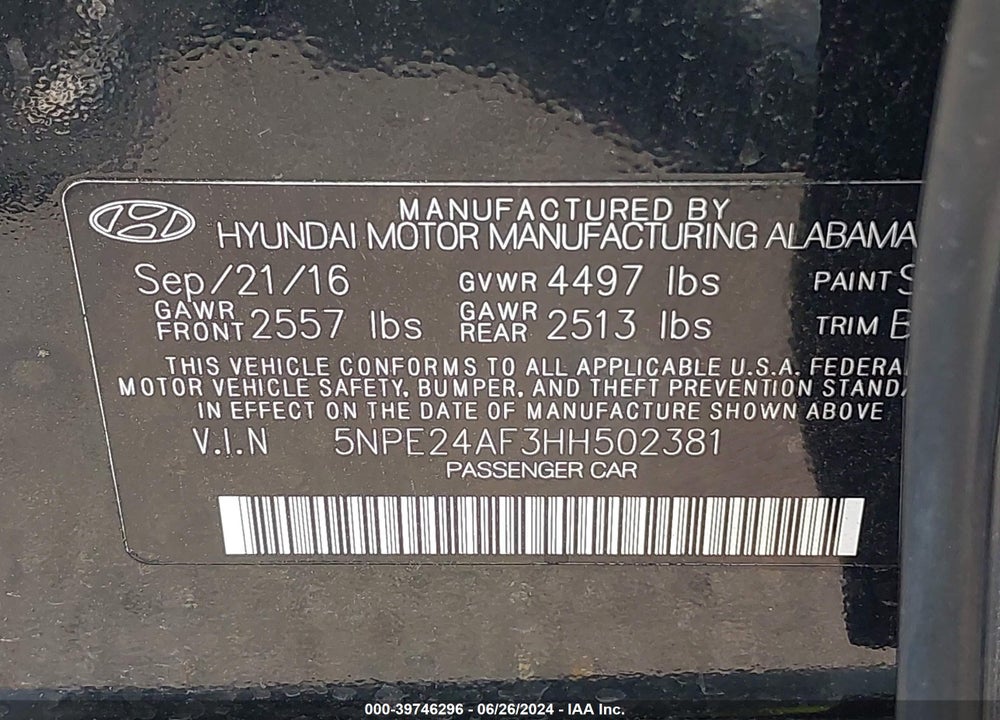 2017 HYUNDAI SONATA SE VIN: 5NPE24AF3HH502381