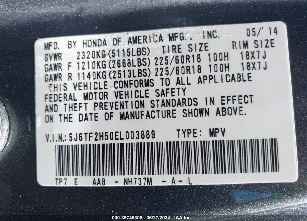 2014 HONDA CROSSTOUR EX-L V6 VIN: 5J6TF2H50EL003889
