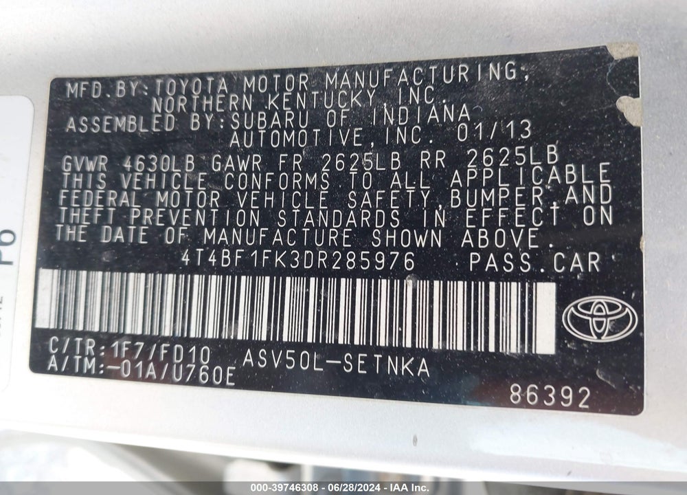2013 TOYOTA CAMRY LE VIN: 4T4BF1FK3DR285976