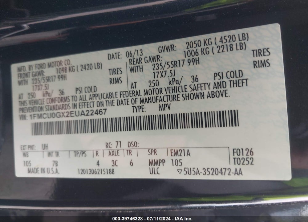2014 FORD ESCAPE SE VIN: 1FMCU0GX2EUA22467