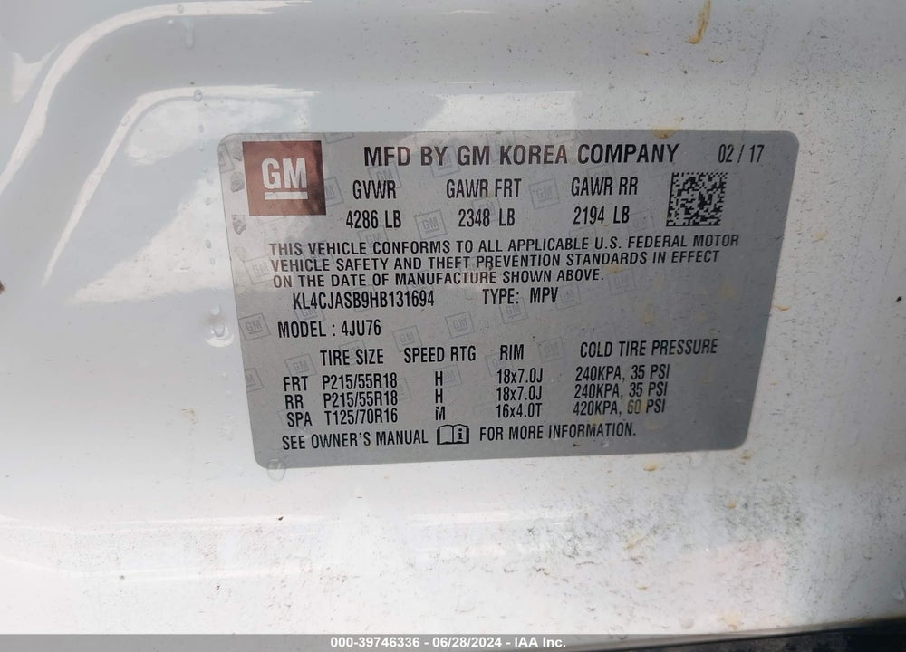 2017 BUICK ENCORE VIN: KL4CJASB9HB131694