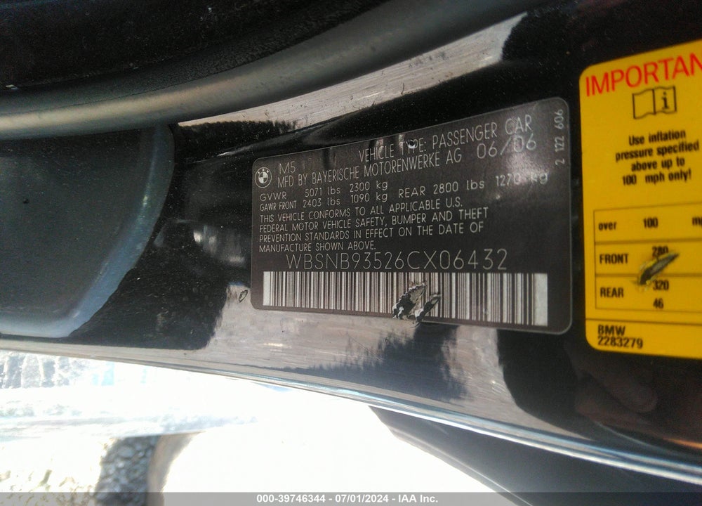 2006 BMW M5 VIN: WBSNB93526CX06432