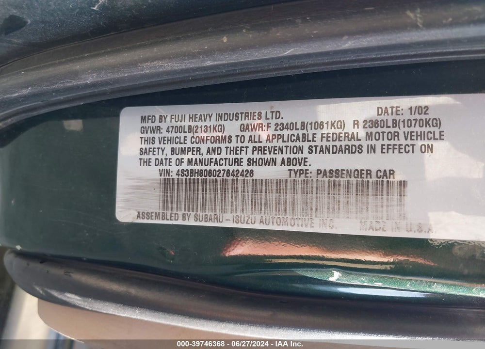 2002 SUBARU OUTBACK H6-3.0 L.L. BEAN EDITION VIN: 4S3BH806027642426