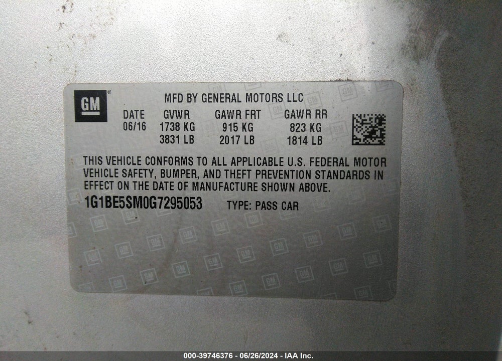 2016 CHEVROLET CRUZE LT AUTO VIN: 1G1BE5SM0G7295053
