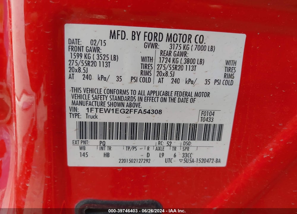 2015 FORD F-150 LARIAT VIN: 1FTEW1EG2FFA54308