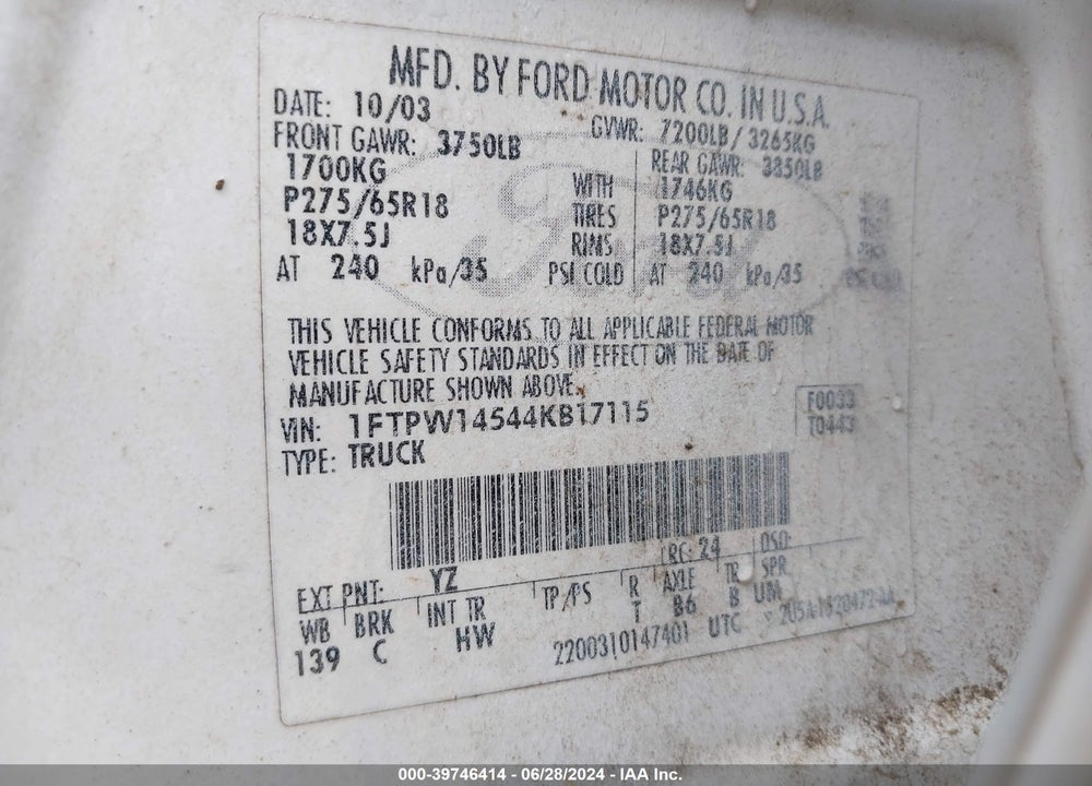 2004 FORD F-150 FX4/LARIAT/XLT VIN: 1FTPW14544KB17115