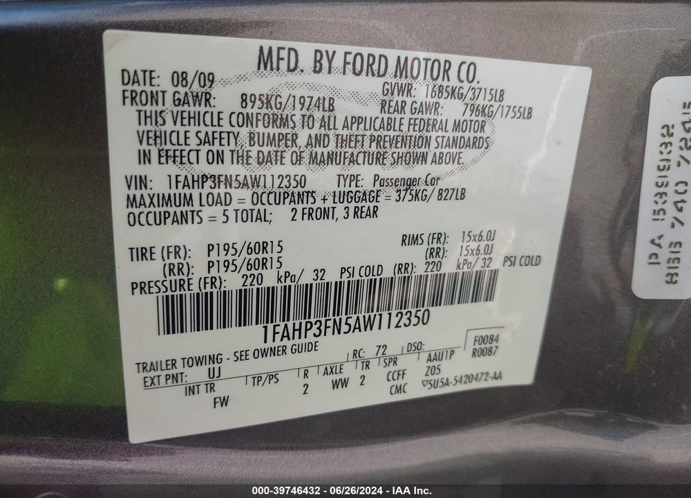 2010 FORD FOCUS SE VIN: 1FAHP3FN5AW112350