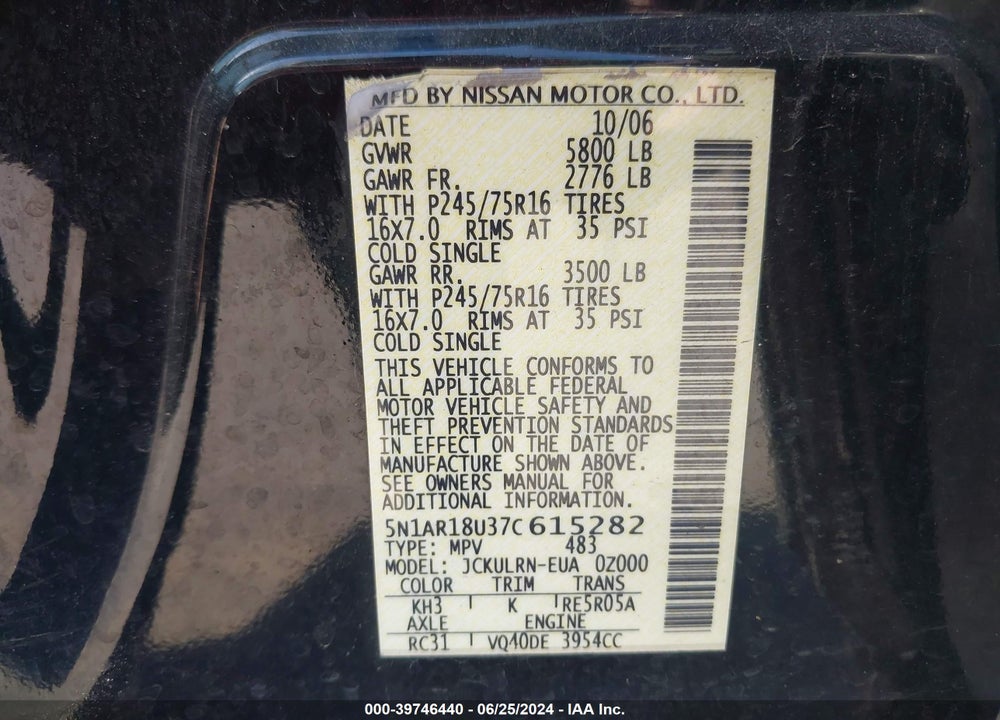 2007 NISSAN PATHFINDER S VIN: 5N1AR18U37C615282
