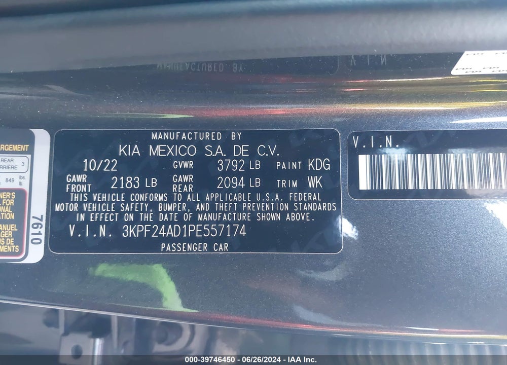 2023 KIA FORTE LXS VIN: 3KPF24AD1PE557174