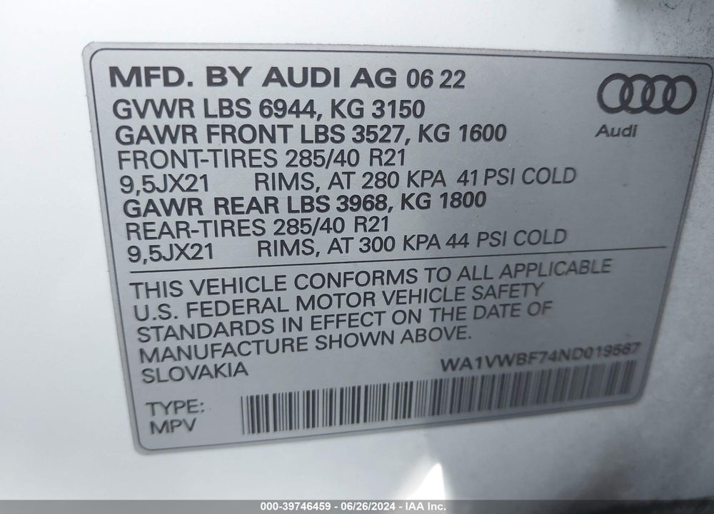 2022 AUDI SQ7 PRESTIGE TFSI QUATTRO TIPTRONIC VIN: WA1VWBF74ND019567