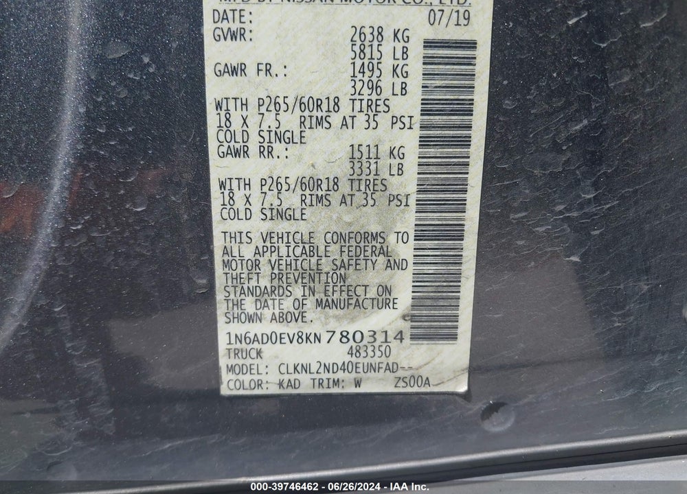 2019 NISSAN FRONTIER SV VIN: 1N6AD0EV8KN780314