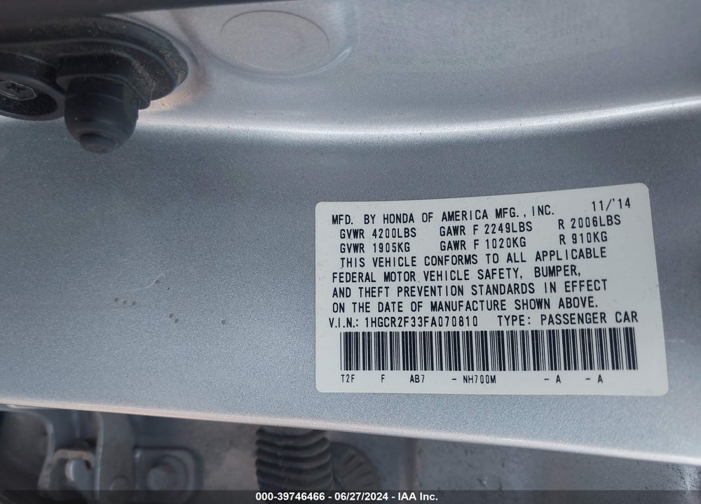 2015 HONDA ACCORD LX VIN: 1HGCR2F33FA070810