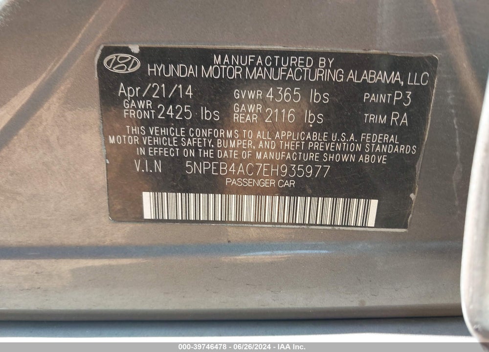 2014 HYUNDAI SONATA GLS VIN: 5NPEB4AC7EH935977