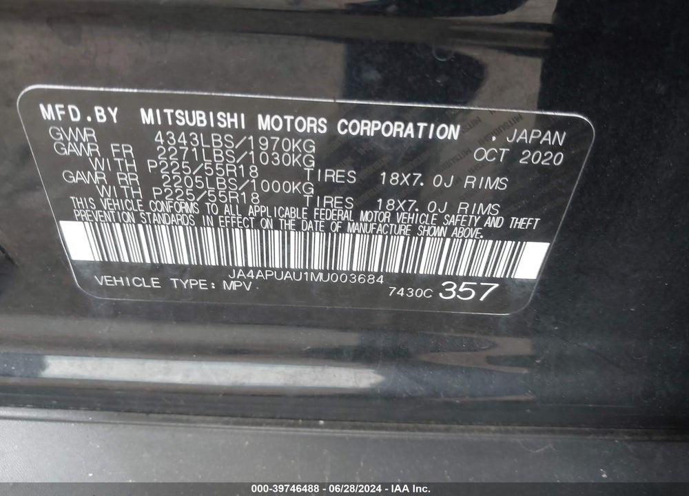 2021 MITSUBISHI OUTLANDER SPORT 2.0 BE 2WD/2.0 ES 2WD/2.0 LE 2WD/2.0 S 2WD VIN: JA4APUAU1MU003684