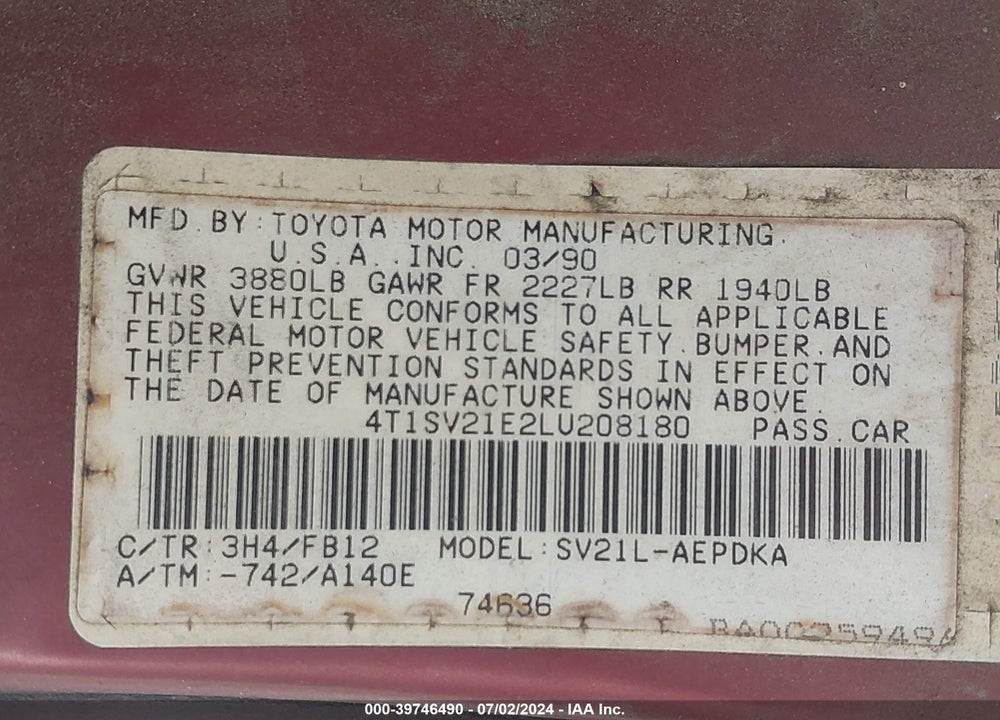 1990 TOYOTA CAMRY DLX VIN: 4T1SV21E2LU208180