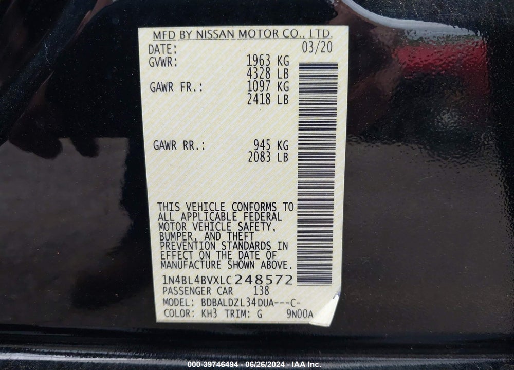 2020 NISSAN ALTIMA S FWD VIN: 1N4BL4BVXLC248572