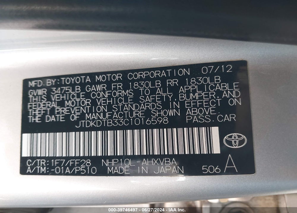 2012 TOYOTA PRIUS C VIN: JTDKDTB33C1016598