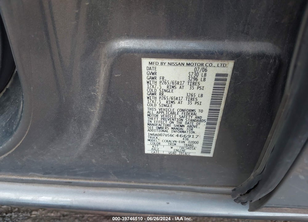2006 NISSAN FRONTIER LE VIN: 1N6AD07U56C466917