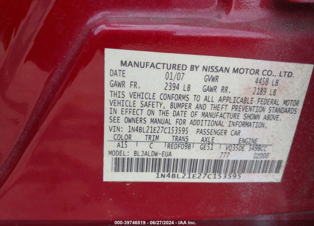 2007 NISSAN ALTIMA 3.5 SE VIN: 1N4BL21E27C153595