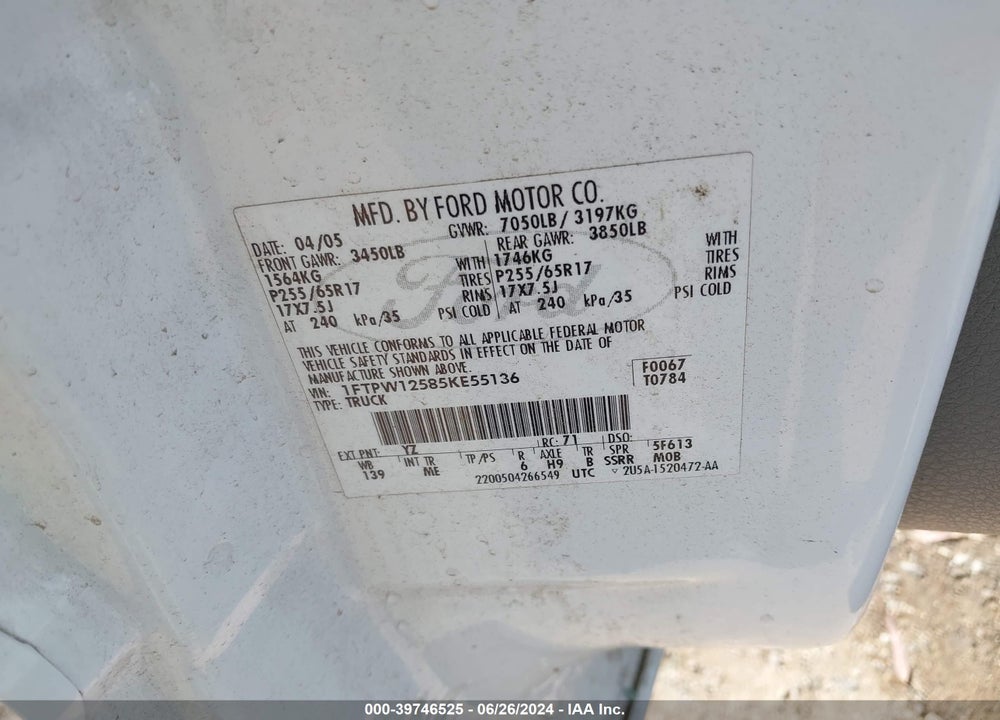 2005 FORD F-150 LARIAT/XLT VIN: 1FTPW12585KE55136