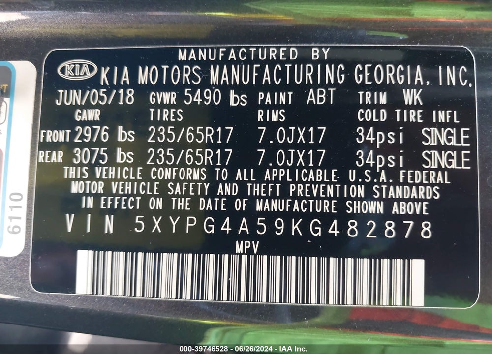 2019 KIA SORENTO VIN: 5XYPG4A59KG482878
