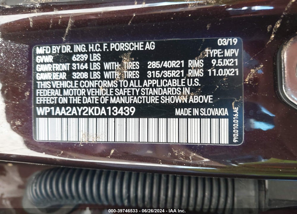 2019 PORSCHE CAYENNE VIN: WP1AA2AY2KDA13439
