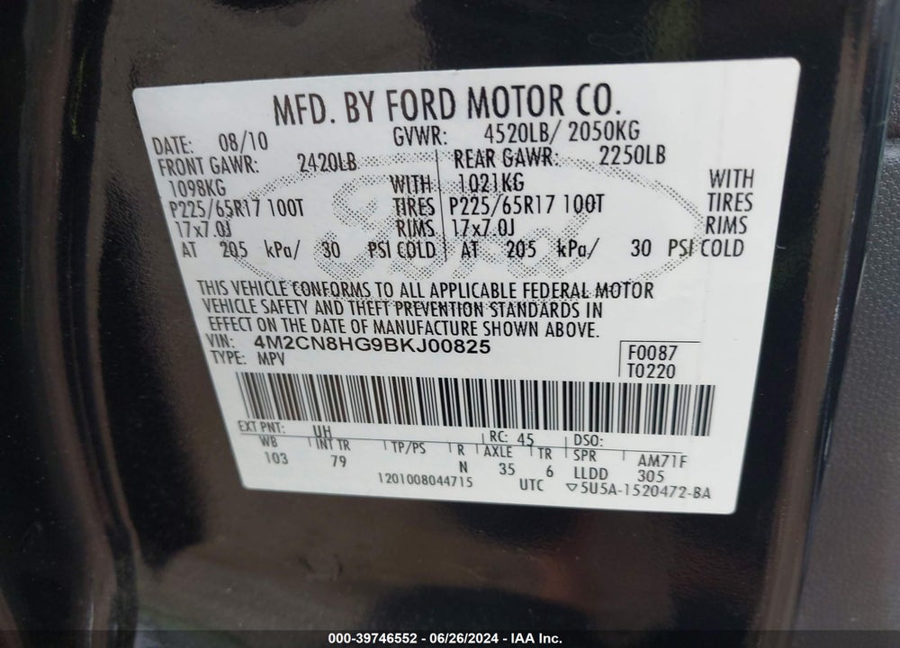 2011 MERCURY MARINER PREMIER VIN: 4M2CN8HG9BKJ00825