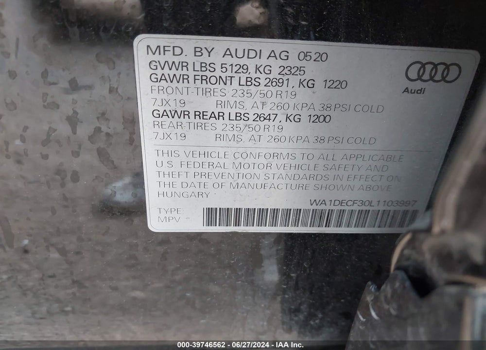 2020 AUDI Q3 PREMIUM 45 TFSI S LINE QUATTRO TIPTRONIC VIN: WA1DECF30L1103997