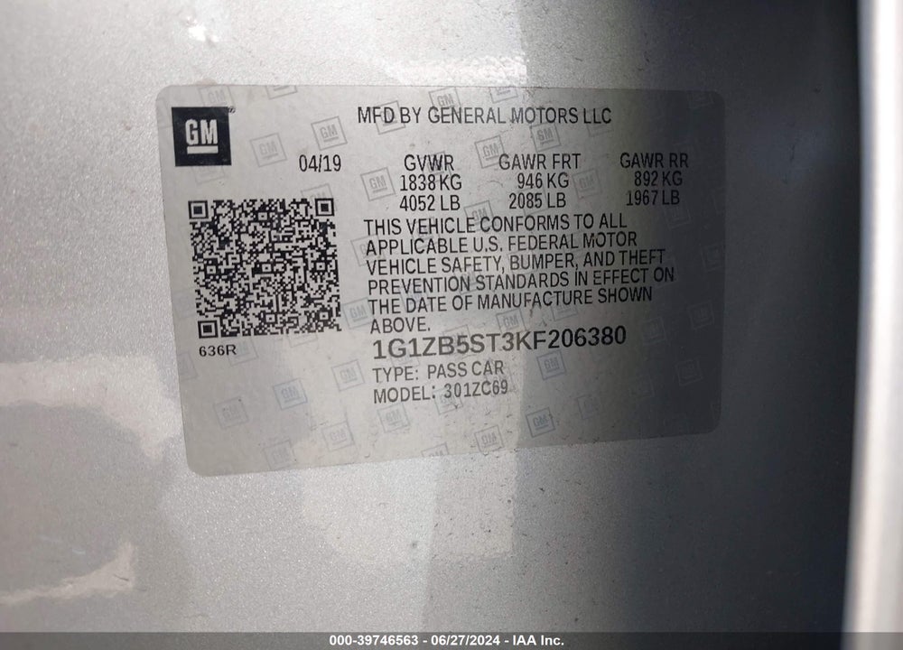 2019 CHEVROLET MALIBU 1LS VIN: 1G1ZB5ST3KF206380