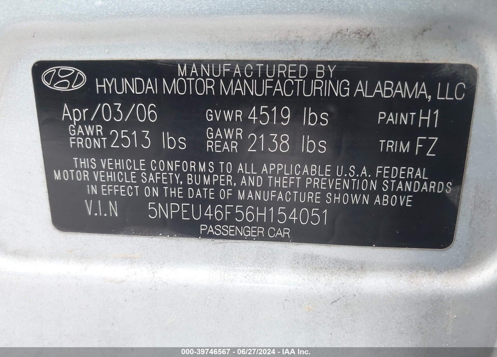 2006 HYUNDAI SONATA GLS V6/LX V6 VIN: 5NPEU46F56H154051