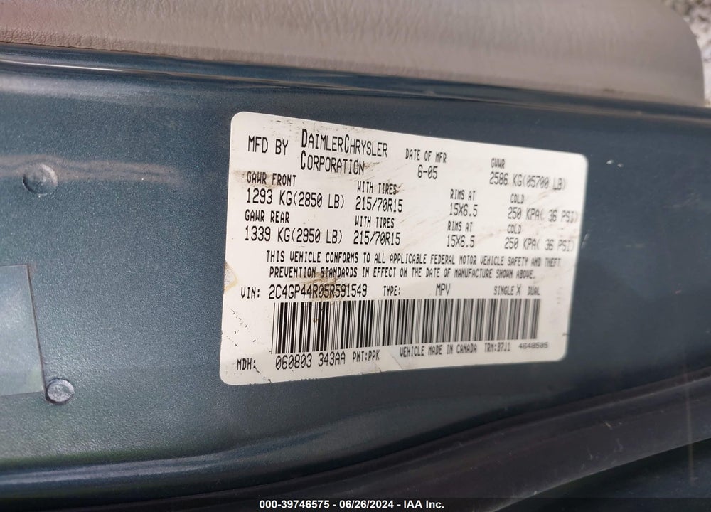 2005 CHRYSLER TOWN & COUNTRY LX VIN: 2C4GP44R05R591549