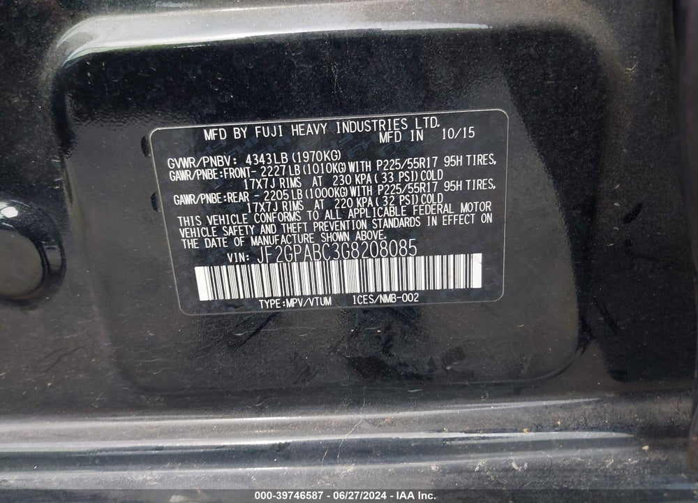 2016 SUBARU CROSSTREK 2.0I PREMIUM VIN: JF2GPABC3G8208085