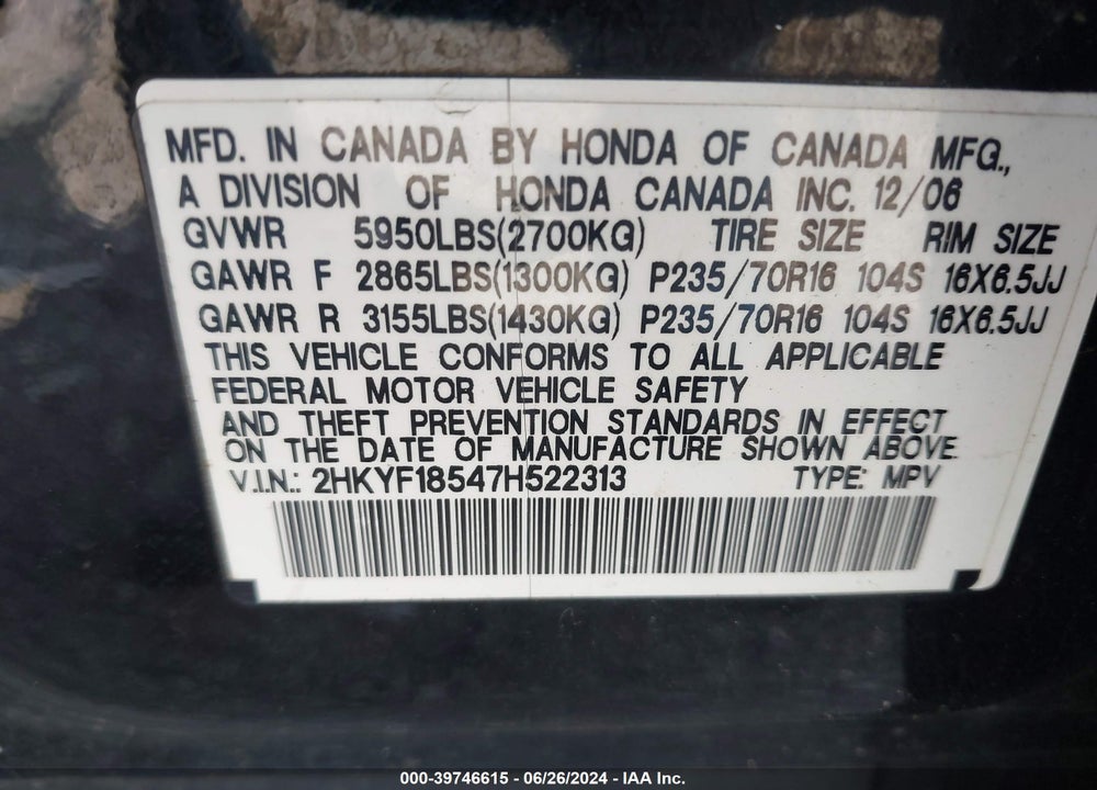 2007 HONDA PILOT EX-L VIN: 2HKYF18547H522313