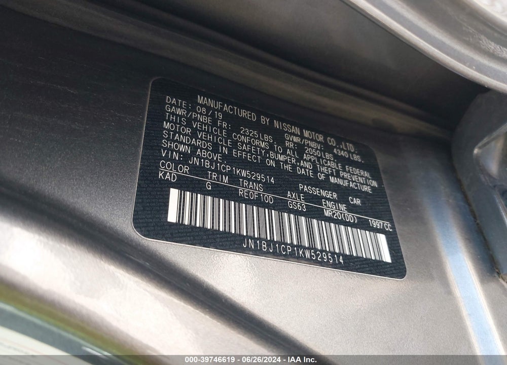2019 NISSAN ROGUE SPORT S VIN: JN1BJ1CP1KW529514