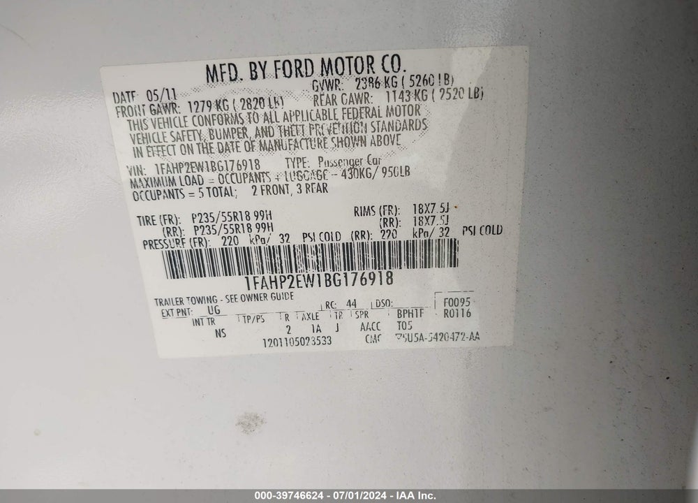 2011 FORD TAURUS SEL VIN: 1FAHP2EW1BG176918