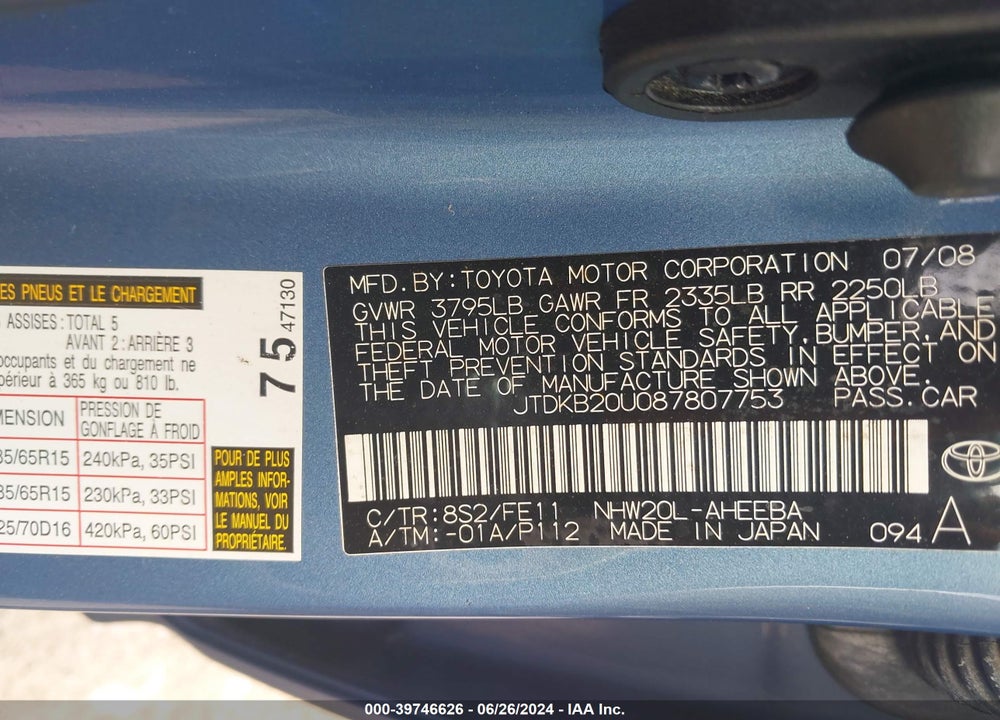 2008 TOYOTA PRIUS VIN: JTDKB20U087807753