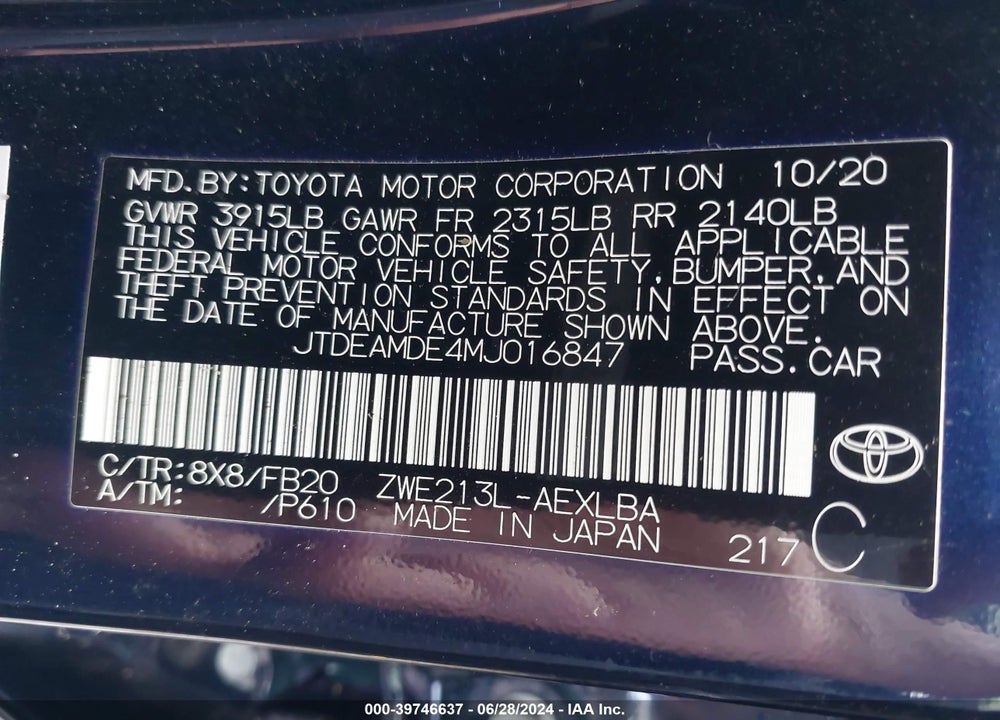 2021 TOYOTA COROLLA HYBRID LE VIN: JTDEAMDE4MJ016847