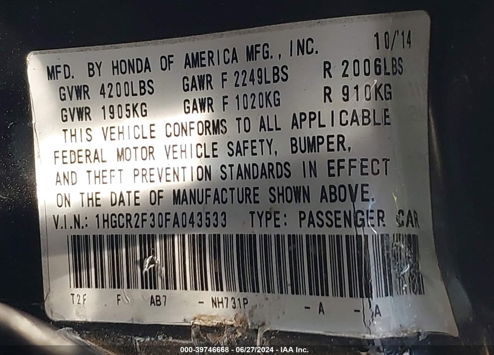 2015 HONDA ACCORD LX VIN: 1HGCR2F30FA043533