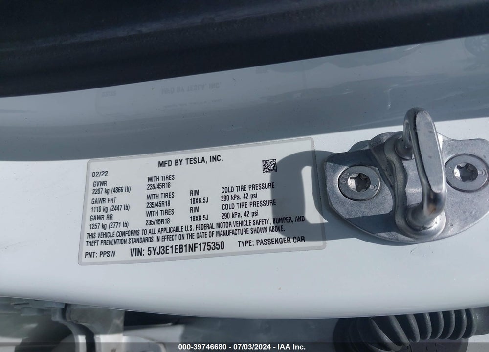 2022 TESLA MODEL 3 LONG RANGE DUAL MOTOR ALL-WHEEL DRIVE VIN: 5YJ3E1EB1NF175350