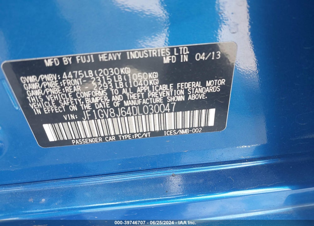 2013 SUBARU IMPREZA WRX STI LIMITED VIN: JF1GV8J64DL030047