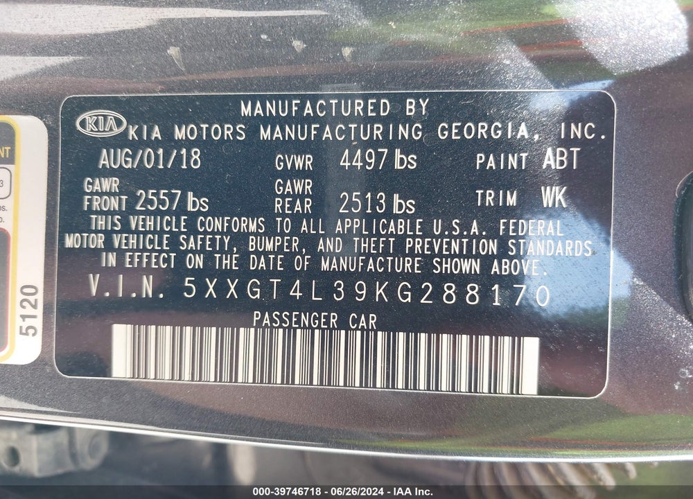 2019 KIA OPTIMA LX VIN: 5XXGT4L39KG288170