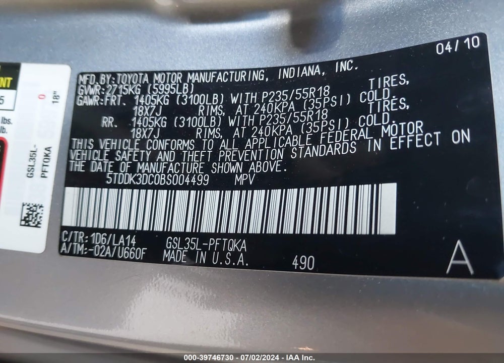 2011 TOYOTA SIENNA LIMITED VIN: 5TDDK3DC0BS004499