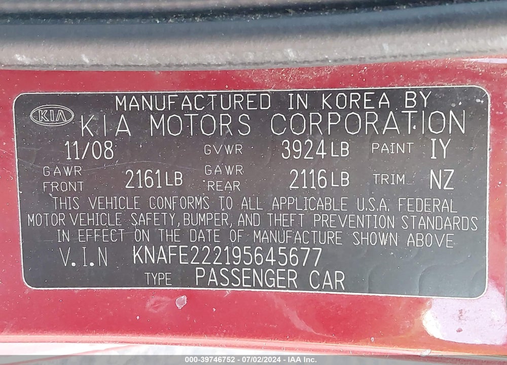 2009 KIA SPECTRA EX VIN: KNAFE222195645677